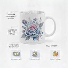 1 Pc 11oz Ceramic Mug, Glittering Frost Rose Bouquet - Stunning Watercolor Graphic Of Icy Blue And Pink Roses Dusted With Shimmering Sparkles And Jewels; A Luxurious Gift For Wives, Mothers, And Girlfriends, Ideal For Celebrating Birthdays, Anniversaries, And Mother's Day - White - View 5