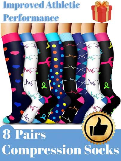 8 Pairs Compression Leg Warmers Set, Unisex, Lightweight & Comfortable, Knee-High, Support Leg Warmers, Essential For Travel, Sports, Running, Cycling