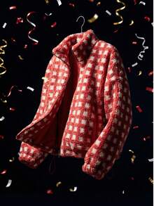 Women's Cropped Checkered Sherpa Jacket Fuzzy Fleece Zip Up Hooded Winter Lounge Coat - 紅色 - 查看 4