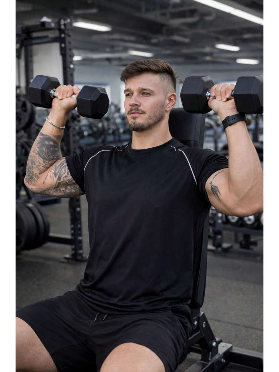 Men's Dry Fit Sports Shirt For Gym, Quick-Drying, Breathable, For Daily Use. - 黑色 - 查看 1