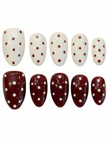 10片装短款杏仁形假指甲，红白波点设计，手工制作，女士日常佩戴美甲用品 - 彩色 - 查看 6