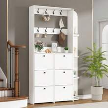 120 X 24 X 200 Cm, Entryway Coat Rack, 3-In-1 Multifunctional Shoe Cabinet, Hinged Door, 8 Hooks, Compact Coat Rack, Living Room Cabinet With 5 Shelves, White - White - View 8