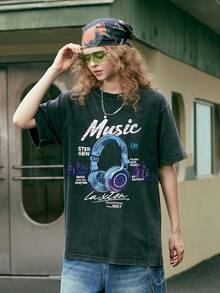 Laixton Men's Pattern T-Shirt Unisex Cotton Oversized T-Shirt Short Sleeve Retro Streetwear Casual T-Shirt Top Comfortable Washed Cotton T-Shirt - 復古 Y2k 黑色 - 查看 5