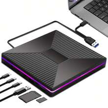 2A2C (Readable + Writable) External DVD-R/W Optical Drive, USB 3.0 High-Speed Transmission, Dual Type-C Interfaces, 2 USB Ports And 2 C Ports, Supports SD/TF Card Readers, Plug-And-Play Burner Suitable For Laptops, Personal Computers, High-Definition Playback, Stylish Design With RGB Buttons To Switch Light Colors, Easy To Carry - Black - View 8