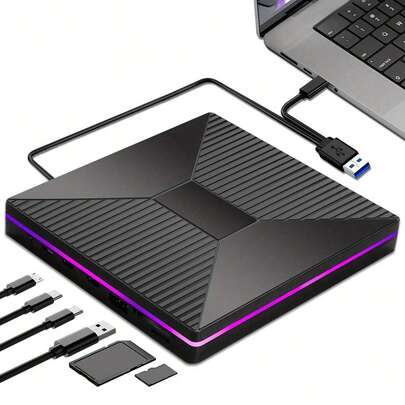 2A2C（可读+可写）外置DVD-R/W光驱，USB 3.0高速传输，双Type-C接口，2个USB端口和2个Type-C端口，支持SD/TF读卡器，即插即用，适用于笔记本电脑、个人电脑，高清播放，时尚设计，带RGB按键可切换灯光颜色，便于携带。