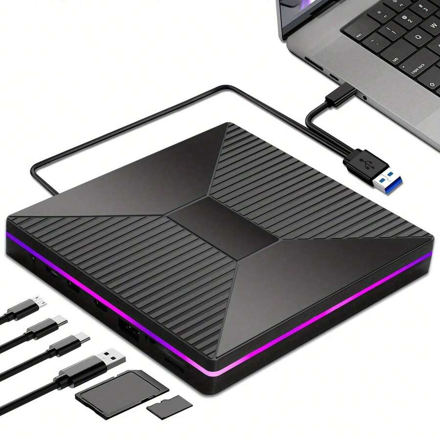 2A2C (Read + Write) External DVD-R/W Drive, USB 3.0 High-Speed Transfer, Dual Type-C Ports, 2 USB Ports And 2 Type-C Ports, Supports SD/TF Card Reader, Plug And Play, Suitable For Laptops And PCs, HD Playback, Fashionable Design, RGB Backlit Buttons For Color Switching, Portable