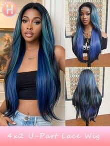 4x2 U型蕾丝假发，长直层次假发，无刘海，24英寸，多种颜色可选，易于佩戴，逼真的合成纤维材质，耐热，自然逼真，适合女孩派对、角色扮演和日常佩戴。