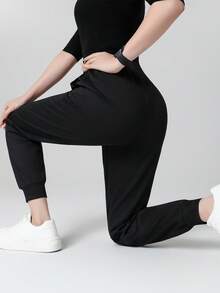 女士纯色休闲裤，带口袋，百搭款式，适合日常穿着、徒步、旅行、远足、跑步、骑行、慢跑等活动，黑色春季款 - 黑色 - 查看 7