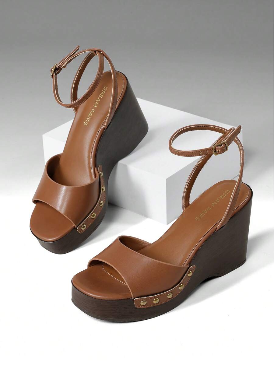 Women's Wedge Sandals 3.94inch Platform Square-Toe Dressy Ankle Buckle Studded Fashion Elegant Sandals Summer Brown Shoes - màu nâu - Xem 1