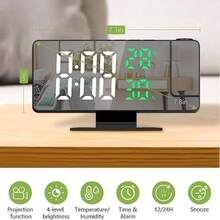 1pc Digital Projection Alarm Clock With Temperature & Humidity Display, Large LED Screen, USB Powered Wall Projection Clock, Plastic Rectangular Design, Flat Top, Working Voltage ≤36V, Rotatable Projection - Black - View 4