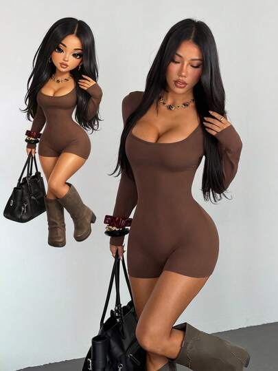 AITYI Studio 女士连体裤，修身剪裁，休闲舒适，U 领露背褶皱设计，时尚性感，显瘦塑形，适合运动、户外活动、Y2K 风格、毕业季、返校季、新年、情人节等场合，弹力针织长袖连体短裤，春秋季穿着。