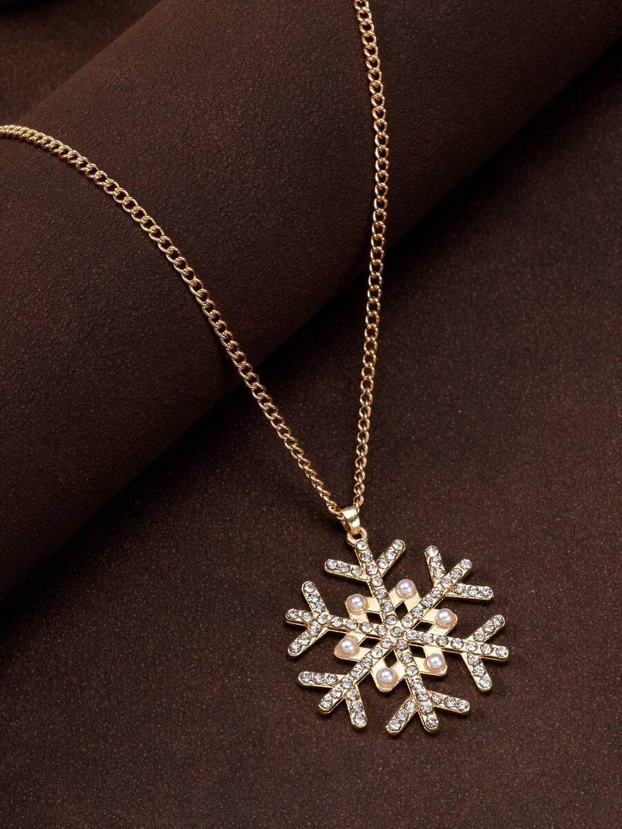 1pc Luxury Niche Fully Rhinestone Snowflake Pendant Necklace, Suitable For Daily Commute Outfit - Yellow Gold - View 1