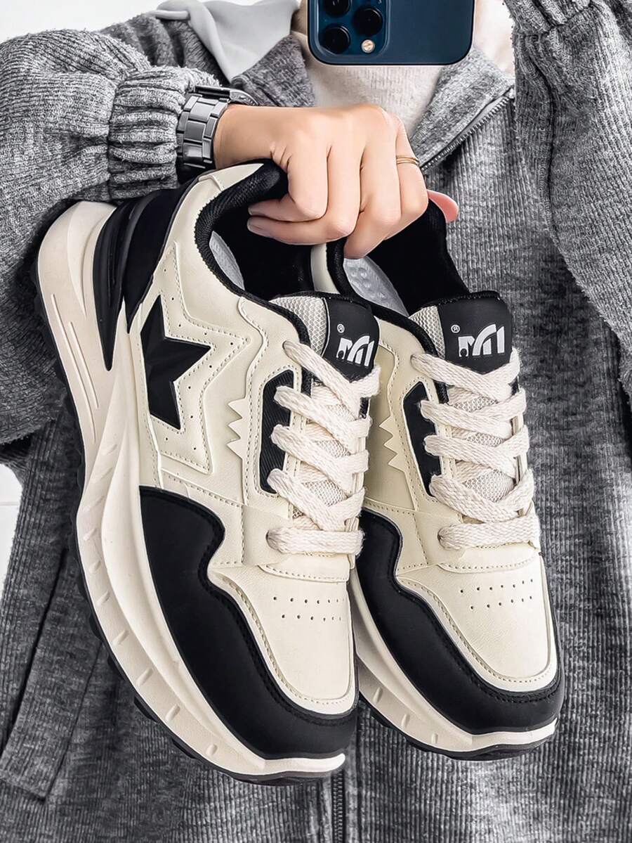 男士新款厚底加厚运动鞋，时尚百搭青年低帮休闲运动鞋，春秋季 - 米黑 - 查看 1