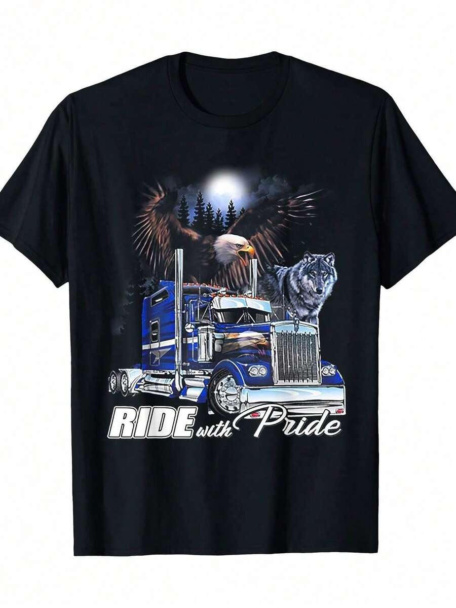 Men'S Ride With Pride Graphic T-Shirt - Black Crew Neck Casual Tee With Eagle & Wolf Design, Short Sleeve, Comfortable Fit, All-Season Wear, Casual Wear Tee | Bold Graphic Tee | Durable Print Shirt - Default - View 1