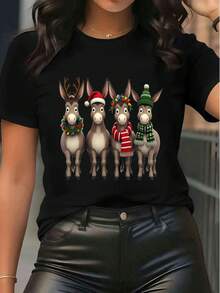 Tricou femei cu imprimeu animal print Crăciun măgar grafic tricou casual cu guler rotund mânecă scurtă drăguț petrecere de vacanță purtare zilnică top