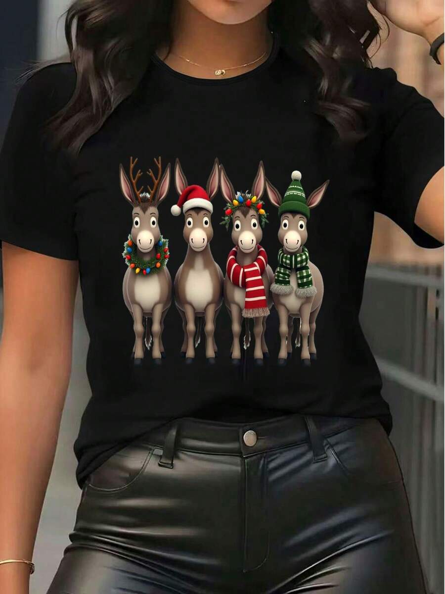 Tricou femei cu imprimeu animal print Crăciun măgar grafic tricou casual cu guler rotund mânecă scurtă drăguț petrecere de vacanță purtare zilnică top