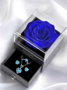 3件套心形永恒之爱项链、耳环和戒指套装，蓝紫色玫瑰优雅礼盒，是情人节、周年纪念日、生日、母亲节送给女友、母亲或自己的完美礼物，表达您的爱意。