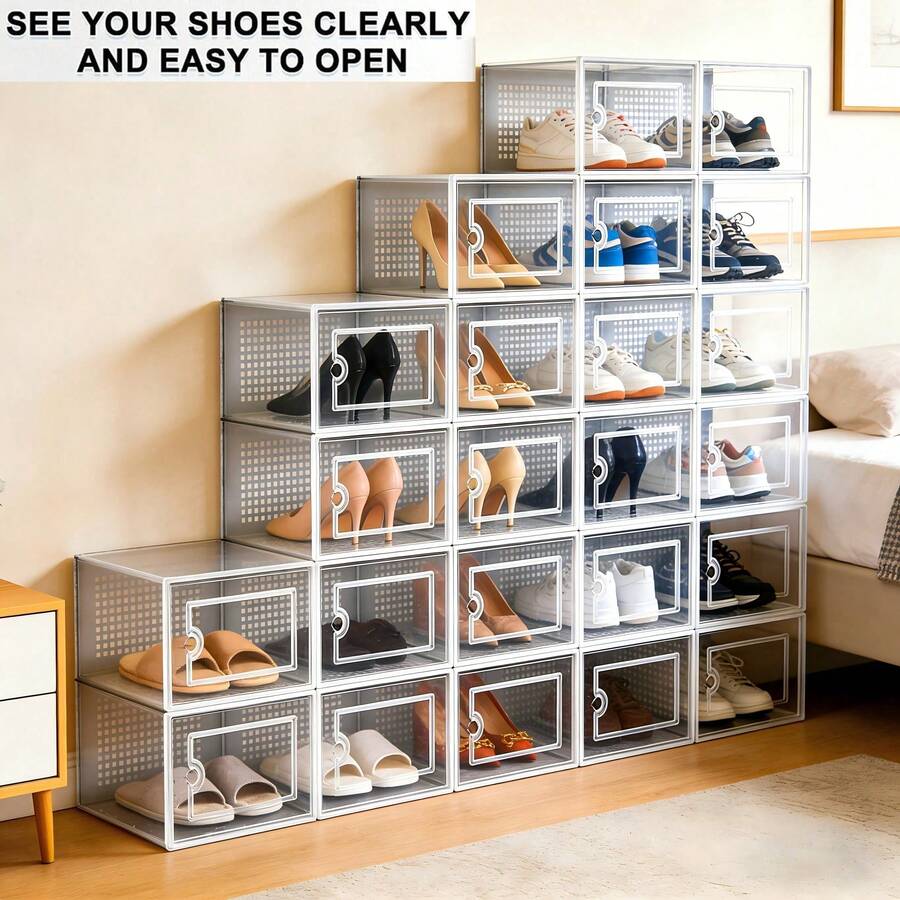 12Pcs Transparent Clear Shoe Storage Box Rack Plastic Organizer Boxers Stackable White/Black UK - White - View 1