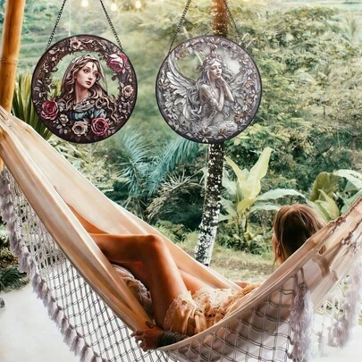 Enchanted Fairy Garden Hanging Decor-Celtic Goddess Sculpture With FlowerWreath & Wings- Indoor Outdoor Wall ArtDecoration - Best Gift For Home Decor Lovers