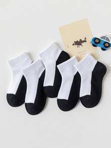 5 pares de calcetines de malla para primavera/verano, calcetines cortos, calcetines deportivos, calcetines para estudiantes, estilo casual, diseño de bloques de color, adecuados para niños y niñas de 1 a 16 años - Blanco y Negro - Ver 7