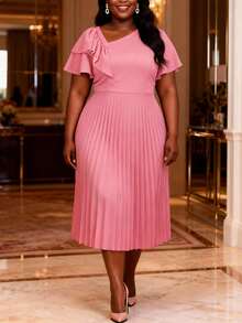 Vestido de línea A con cuello asimétrico, mangas con volantes y talla grande, adecuado para ir a trabajar, ceremonias de graduación, servicios religiosos, batas de graduación y otras ocasiones en verano - Rosa vieja - Ver 11