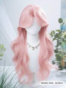 alicegarden Forehead Lace 4*1,1 Piece Synthetic Heat Resistant Curly Pink Wig With Bangs, Length 30, Fiber Fashion Wig, Natural Realistic Wig. - Pink - View 2