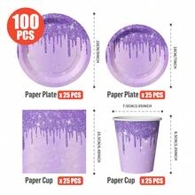 Purple Diamond Teardrop Disposable Plates, Napkins, Cups - One-Time Party Supplies Set, Fits 25 Guests, Disposable Paper Plates Party Tableware Suitable For Birthday, Wedding, Theme Party, Family Picnic - Multicolor - View 10