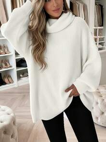 大码女式时尚简约粉色高领长袖套头毛衣，宽松休闲针织上衣，适合情人节和日常穿着 - 白色 - 查看 3