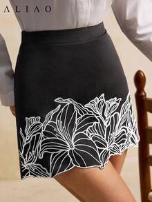 High Waist Floral Embroidery Elegant A-Line Skirt - Black - View 1