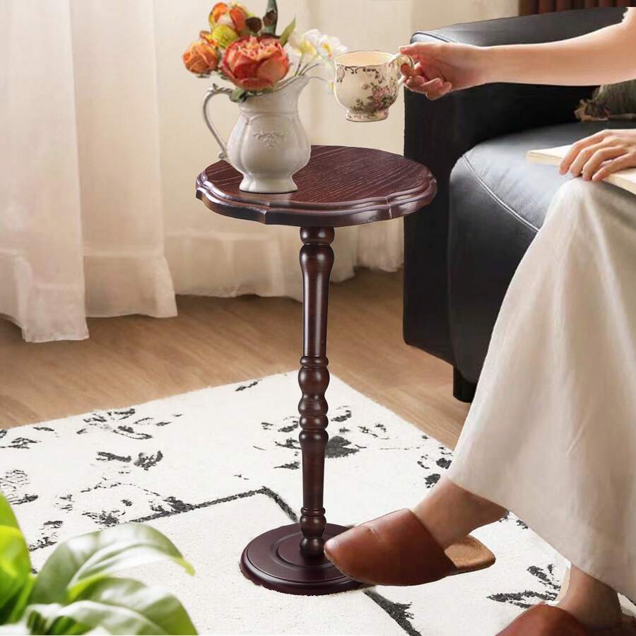 Solid Wood Pedestal Side Table, Round Accent Table With Heavy Base, Easy Assembly Small Tea Table For Living Room - Redwood - View 1