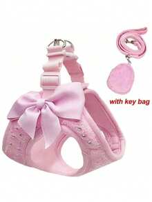 Soft Breathable Dog Harness With Rhinestone Decoration, Black & Pink Strap Leash, Comfortable Pet Collar - Black - View 16