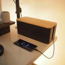 Caja de gestión de cables de escritorio minimalista de bambú con tapa, organizador para cables de alimentación, cargadores y otros cables - Multicolor - Ver 5