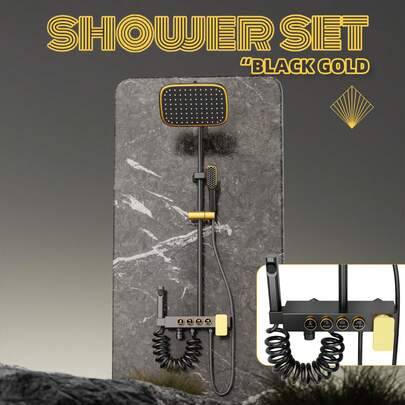 Sistema de ducha negro y dorado, conjunto de cabezal de ducha de lluvia montado en la pared con acabado en níquel cepillado, incluye Body principal y cubierta decorativa, cabezal de ducha de mano con función de pistola rociadora, accesorios de baño, herramientas de baño
