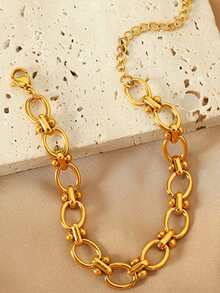 Nooxian 1pc Women's Bracelet, Waterproof Beach Vacation Layered Style, Stainless Steel Hollow Oval Handmade Chain Bracelet, Daily Accessory Gift (Chain Links & Beads Quantity Random) - Yellow Gold - View 4