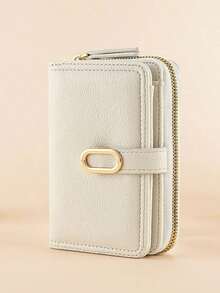 Stylish Zipper Wallet Clutch Pouch With Gold Strap Folding Short Design Simple  Elegant Lichee Textured Leather Gifts Valentines Women Wallet Purse Wallet - 粉色 - 查看 5