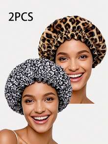 2pcs Women's New Leopard Print Ruffle Edge Double Layer Satin Sleeping Cap, Beauty Care Hat, Suitable For Daily Use Hair Sleep Cap - 443E 2-piece Set - View 23