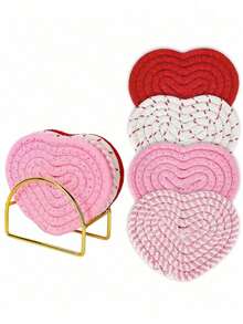 手工编织心形杯垫，浪漫香氛，适合情人节、母亲节及所有季节 - 彩色 - 查看 7