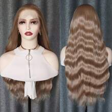 13*4 金色合成蕾丝前假发，长波浪卷发，自然发际线，耐热纤维，免胶分缝，适合女性角色扮演、日常佩戴，24英寸 - 彩色 - 查看 11