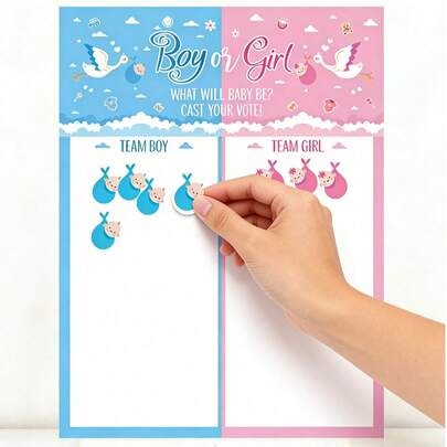 Gender Reveal Party Voting Kit - A Cute Blue And Pink Themed Guest Activity Kit That Includes A Voting Board And Adorable Stickers. Perfect For Gender Reveal Celebrations, This Fun And Interactive Kit Will Engage Your Guests And Add A Festive Touch To Your Party. The Design Is Cartoonish And Warm, Employing The Classic "Pink And Blue" Visual Logic.