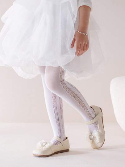 1 pieza Medias de encaje caladas para niñas/bebés, con decoración de corazón lateral, mallas de malla blanca ligera y transpirable, pantimedia de moda versátil y cómoda, amigable con la piel, adecuada para fiestas de cumpleaños, actividades casuales, relajación en casa, uso diario