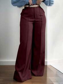 Women's Solid Color Waistless Suit Pants - Zipper Pocket Button Design Elegant Versatile Trousers For Commuting - 酒紅色 - 查看 2