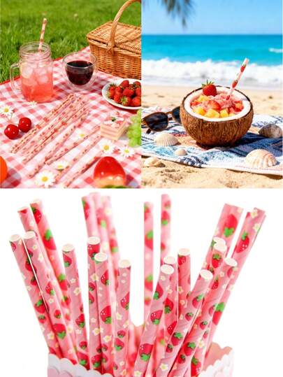 50/25 unidades Pajitas de papel con diseño de fresa, hechas de papel kraft desechable. Pajitas de papel con diseño de fruta linda, adecuadas para decorar bebidas | Decoraciones de mesa de fiesta, artículos de fiesta, decoraciones de fiesta de cumpleaños, decoraciones del Día de San Valentín