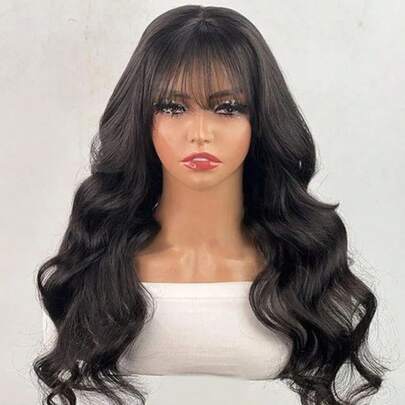 Body Wave Wigs With Bangs For Women - 150% Density Brazilian Virgin Hair Wig, 4x4 Gluless Wig, Basic Natural Black Hair, Universal Fit, Wear Go Gluless Wig With Bangs, 3S Install, Put On & Go Human Hair Wig