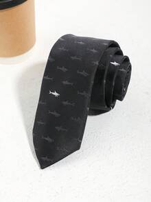 1pc Men's Casual Cute Shark Print Black Skinny Tie, Suitable For Party, Street, Business, Casual, Daily, School Outfit - Multicolor - View 4