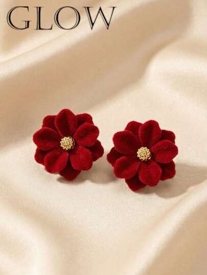 1 Pair Red Elegant & Gentle Floral Flocked Stud Earrings, Suitable For Teenage Girls Everyday And Holiday Wear