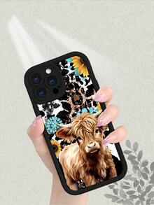 Cute Highland Cow Sunflower Turquoise Leopard Print Phone Case For IPhone 17 16 15 14 13 12 11 7 X,New Thickened Shockproof Scratch-Resistant Case With Comfortable Matte Feel,Western Farmhouse Style Protective Cover - 黑色 - 查看 2