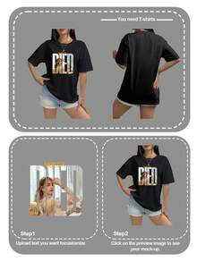 Camiseta de manga corta personalizada para mujer - Personaliza texto/nombre/número/logotipo/patrón/foto/familia/mascota/amigo/fiesta/logotipo del equipo/crea tu propia camiseta única - Negro - Ver 4