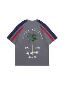 Camiseta de manga raglán con diseño de bloqueo de color, estampado retro de estilo estadounidense de palmera, de manga corta, estilo vacacional de verano a juego para parejas, unisex - Gris Oscuro - Ver 7