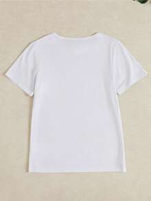 Camiseta gráfica de manga corta para mujer con estampado floral de Feliz Año Nuevo, camiseta casual con patrón de flores de sol y hojas de dibujos animados, de corte holgado y cuello redondo para fiesta de vacaciones - Blanco - Ver 2