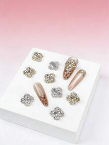 10pcs Gold & Silver Y2K Style Rhinestone Nail Art Decorations, Luxury Japanese Alloy Nail Diamonds, 3D Lightweight Full Diamond Inlaid DIY Nails, Cute Nail Art Accessories, Nail Supplies, Nail Gems - Multicolor - View 2